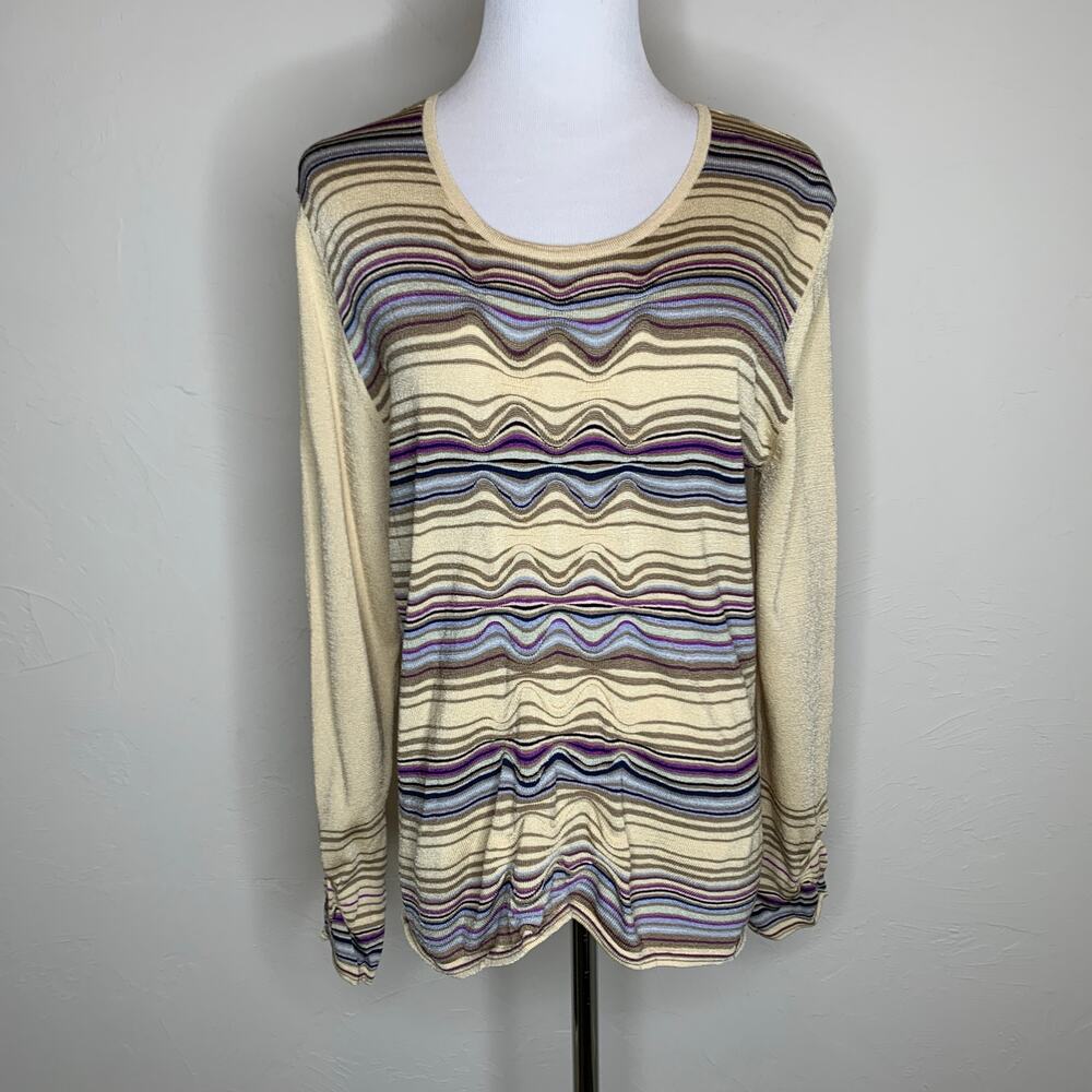Nine & Co Yellow Tan Striped Ruched Sweater Petite Large